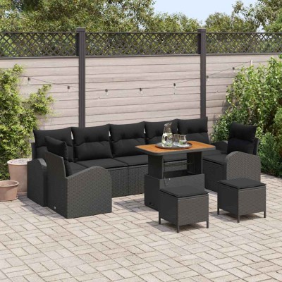 Conjunto de sofá de jardín con cojín 10 pcs Negro Poliratán