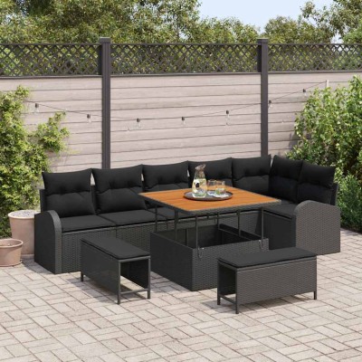 Conjunto de sofá de jardín con cojín 9 pcs Negro Poliratán