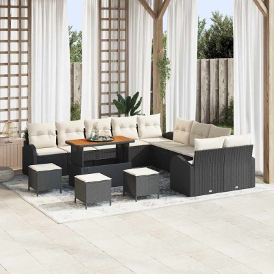 Conjunto de sofá de jardín con cojín 14 pcs Negro Poliratán