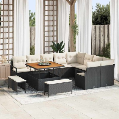 Conjunto de sofá de jardín con cojín 12 pcs Negro Poliratán