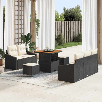 Conjunto de sofá de jardín con cojín 8 pcs Negro Poliratán