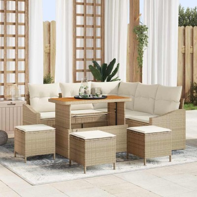 Conjunto de sofá de jardín con cojín 9 pcs Beige Poliratán