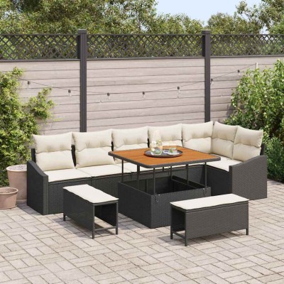 Conjunto de sofá de jardín con cojín 9 pcs Negro Poliratán