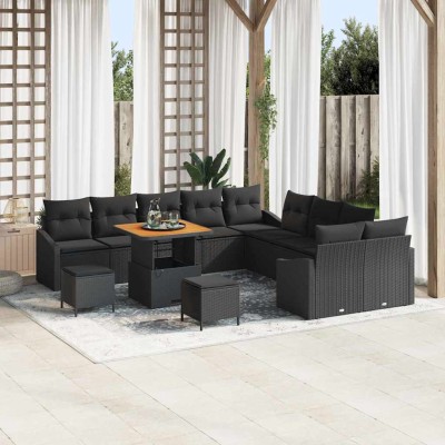 Conjunto de sofá de jardín con cojín 13 pcs Negro Poliratán