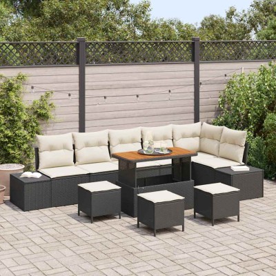 Conjunto de sofá de jardín con cojín 10 pcs Negro Poliratán