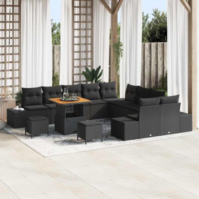 Conjunto de sofá de jardín con cojín 13 pcs Negro Poliratán