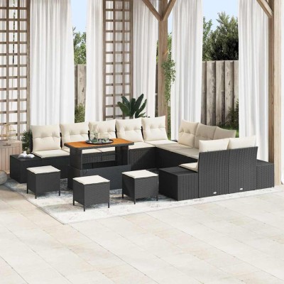 Conjunto de sofá de jardín con cojín 14 pcs Negro Poliratán