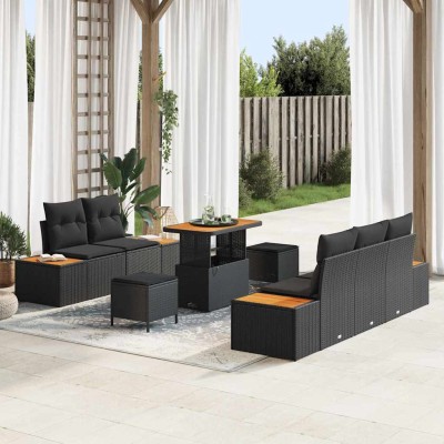 Conjunto de sofá de jardín con cojín 8 pcs Negro Poliratán