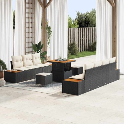 Conjunto de sofá de jardín con cojín 10 pcs Negro Poliratán