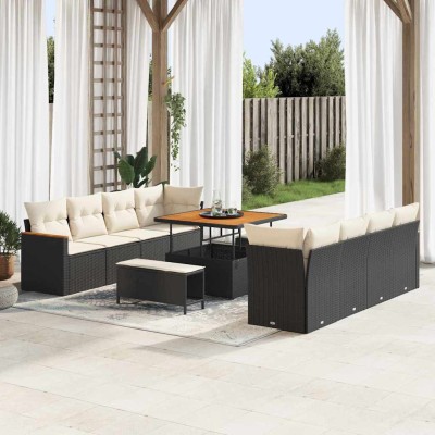 Conjunto de sofá de jardín con cojín 11 pcs Negro Poliratán