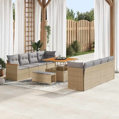 Conjunto de sofá de jardín con cojín 11 pcs Beige Poliratán