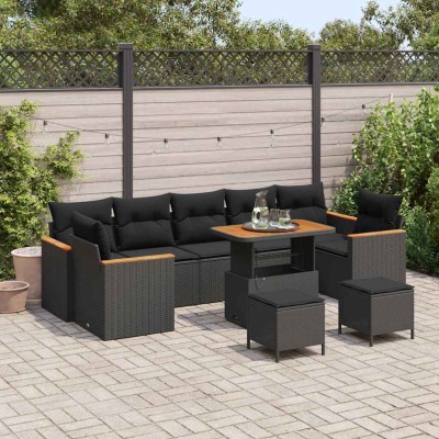 Conjunto de sofá de jardín con cojín 10 pcs Negro Poliratán