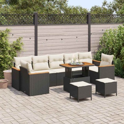 Conjunto de sofá de jardín con cojín 10 pcs Negro Poliratán