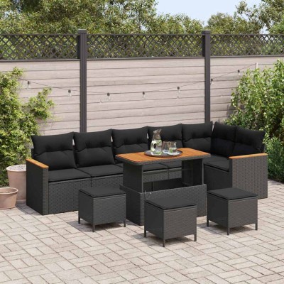 Conjunto de sofá de jardín con cojín 10 pcs Negro Poliratán