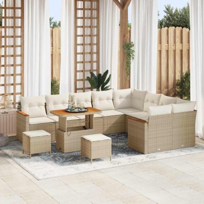 Conjunto de sofá de jardín con cojín 12 pcs Beige Poliratán