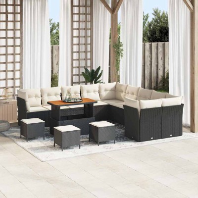 Conjunto de sofá de jardín con cojín 14 pcs Negro y crema