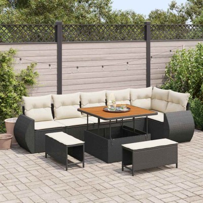 Conjunto de sofá de jardín con cojín 9 pcs Negro y crema