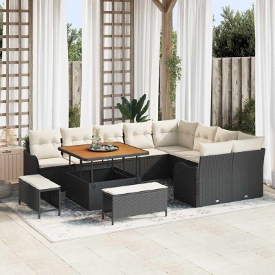 Conjunto de sofá de jardín con cojín 12 pcs Negro y crema