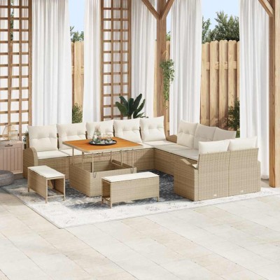 Conjunto de sofá de jardín con cojín 13 pcs Beige y Crema