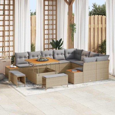Conjunto de sofá de jardín con cojín 12 pcs Beige Poliratán