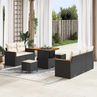Conjunto de sofá de jardín con cojín 8 pcs Negro Poliratán