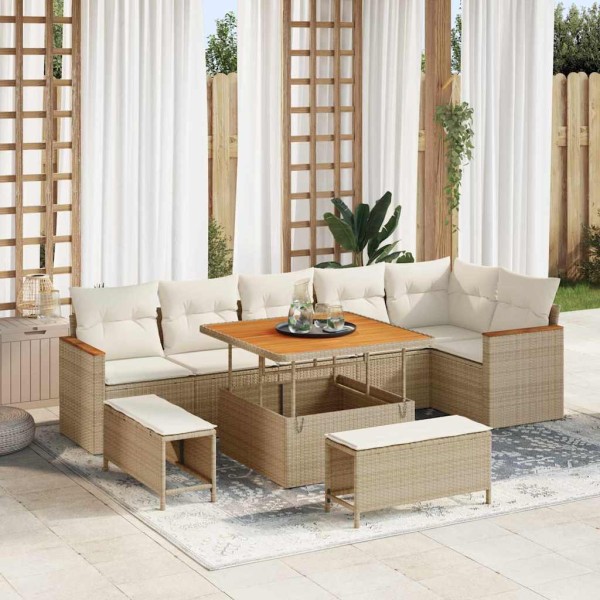 Conjunto de sofá de jardín con cojín 9 pcs Beige Poliratán