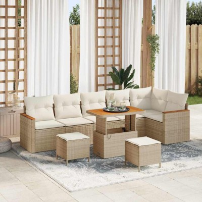 Conjunto de sofá de jardín con cojín 9 pcs Beige Poliratán