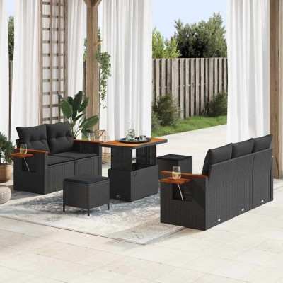 Conjunto de sofá de jardín con cojín 8 pcs Negro Poliratán