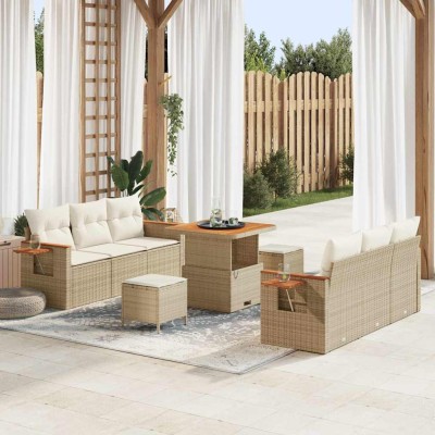Conjunto de sofá de jardín con cojín 9 pcs Beige Poliratán
