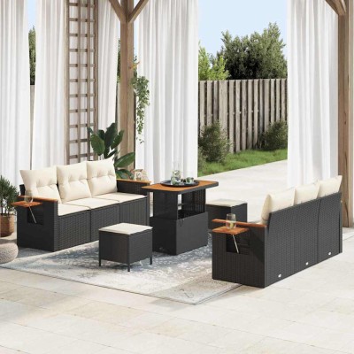 Conjunto de sofá de jardín con cojín 9 pcs Negro Poliratán