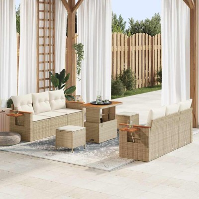 Conjunto de sofá de jardín con cojín 9 pcs Beige Poliratán