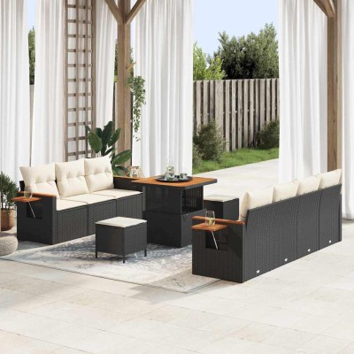 Conjunto de sofá de jardín con cojín 10 pcs Negro Poliratán