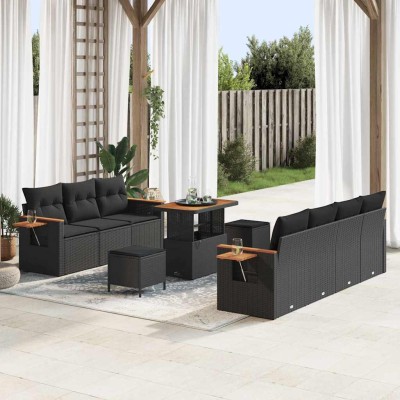 Conjunto de sofá de jardín con cojín 10 pcs Negro Poliratán