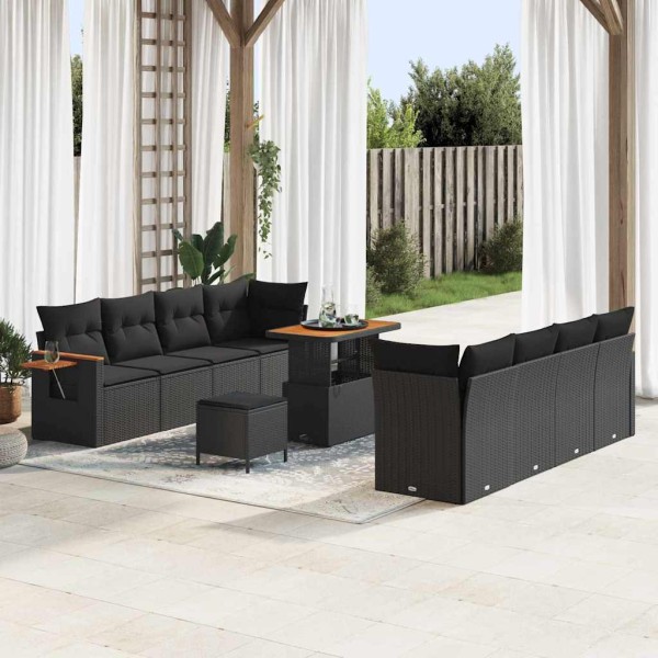 Conjunto de sofá de jardín con cojín 11 pcs Negro Poliratán
