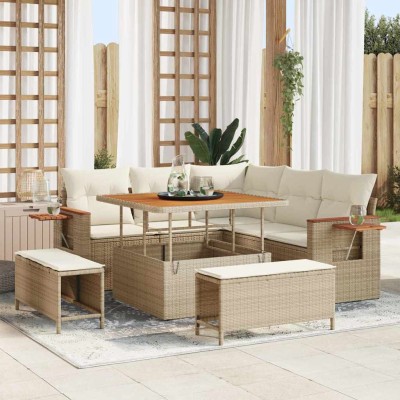 Conjunto de sofá de jardín con cojín 8 pcs Beige Poliratán