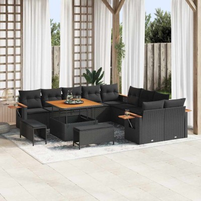 Conjunto de sofá de jardín con cojín 13 pcs Negro Poliratán