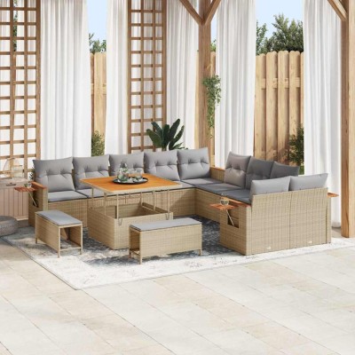 Conjunto de sofá de jardín con cojín 13 pcs Beige Poliratán
