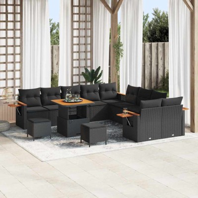 Conjunto de sofá de jardín con cojín 13 pcs Negro Poliratán