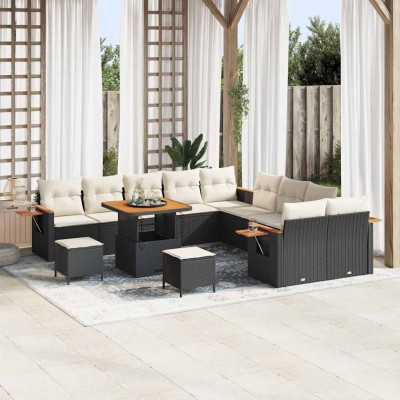 Conjunto de sofá de jardín con cojín 13 pcs Negro Poliratán