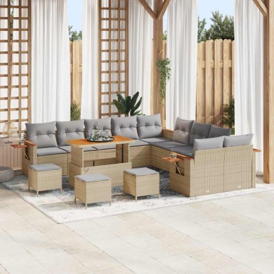 Conjunto de sofá de jardín con cojín 14 pcs Beige Poliratán