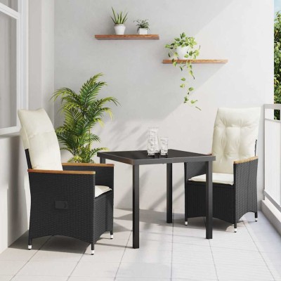 Conjunto de Comedor de Jardín con cojín 3 pcs Negro Poliratán