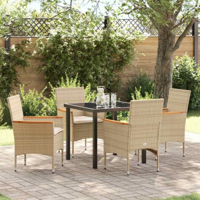 Conjunto de Comedor de Jardín con cojín 5 pcs Beige Poliratán