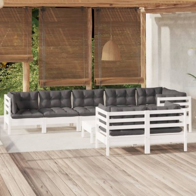 Muebles de jardín 9 pzas con cojines blanco madera maciza pino