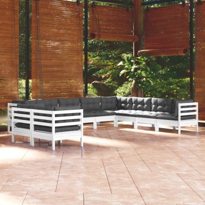Muebles de jardín 10 pzas y cojines blanco madera maciza pino