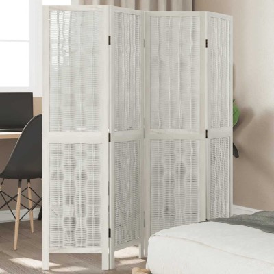Biombo separador de 4 paneles madera maciza Paulownia blanco
