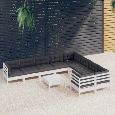 Muebles de jardín 10 pzas con cojines blanco madera de pino