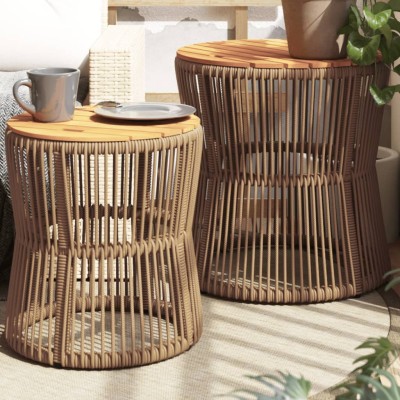 Mesas auxiliares jardín 2 pzas superficie de madera ratán beige