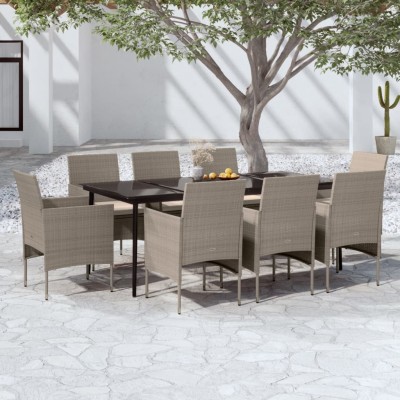 Juego de comedor para jardín 9 piezas y cojines beige y negro