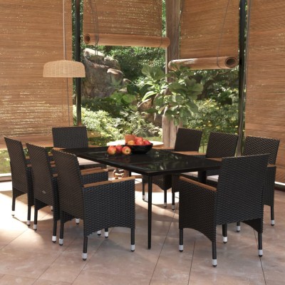 Juego de comedor de jardín 9 piezas con cojines negro