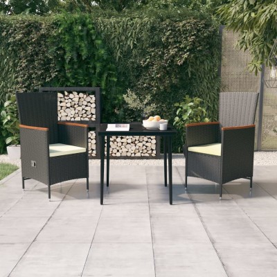 Juego de comedor de jardín 3 piezas con cojines negro